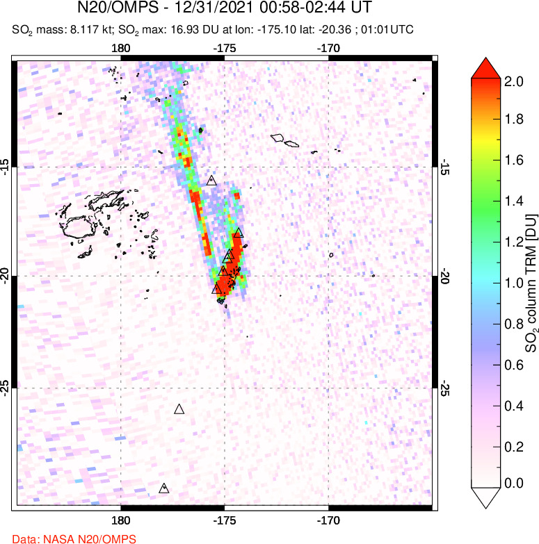 A sulfur dioxide image over Tonga, South Pacific on Dec 31, 2021.