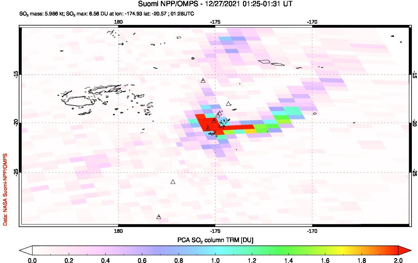 A sulfur dioxide image over Tonga, South Pacific on Dec 27, 2021.