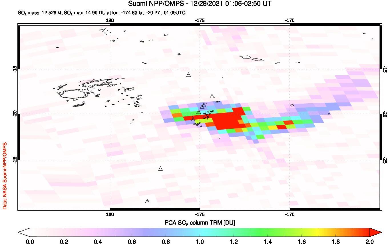 A sulfur dioxide image over Tonga, South Pacific on Dec 28, 2021.