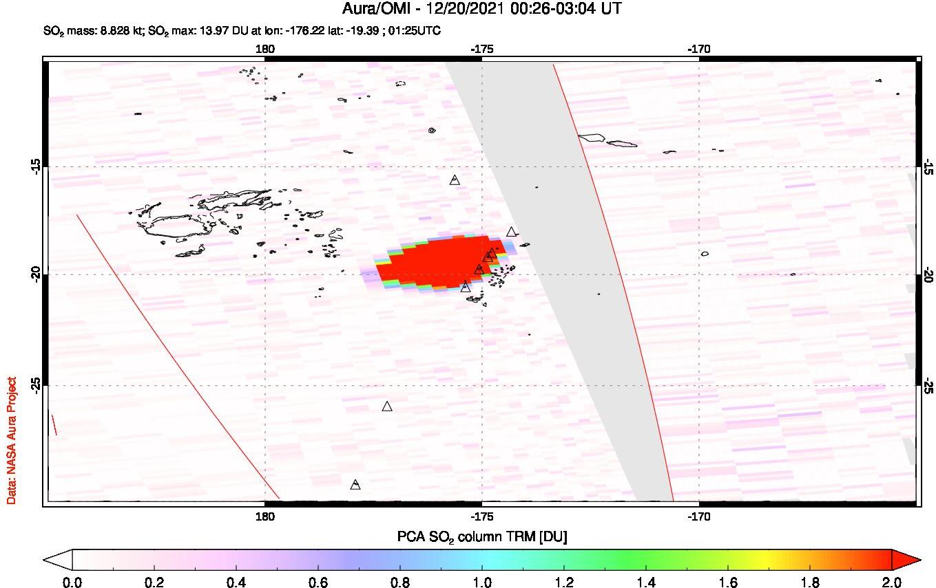 A sulfur dioxide image over Tonga, South Pacific on Dec 20, 2021.