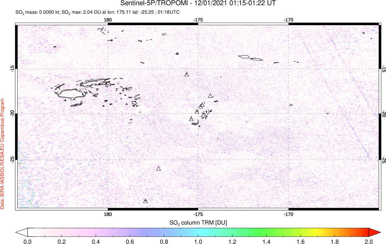 A sulfur dioxide image over Tonga, South Pacific on Dec 01, 2021.