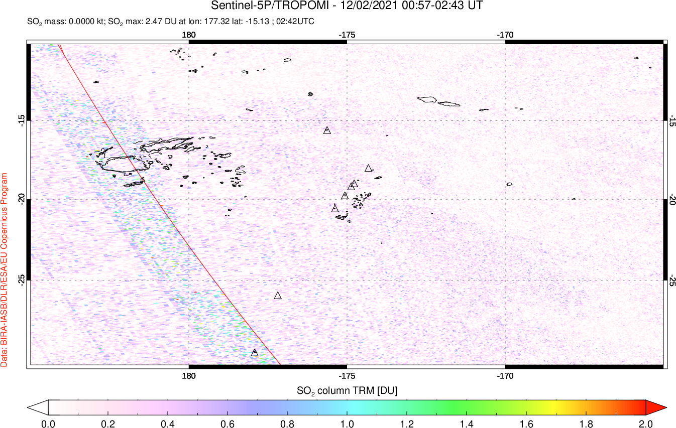 A sulfur dioxide image over Tonga, South Pacific on Dec 02, 2021.