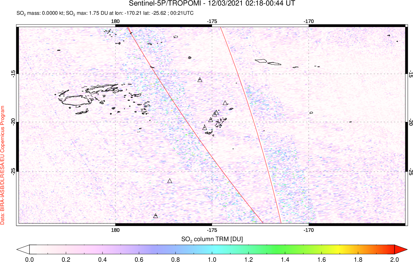 A sulfur dioxide image over Tonga, South Pacific on Dec 03, 2021.