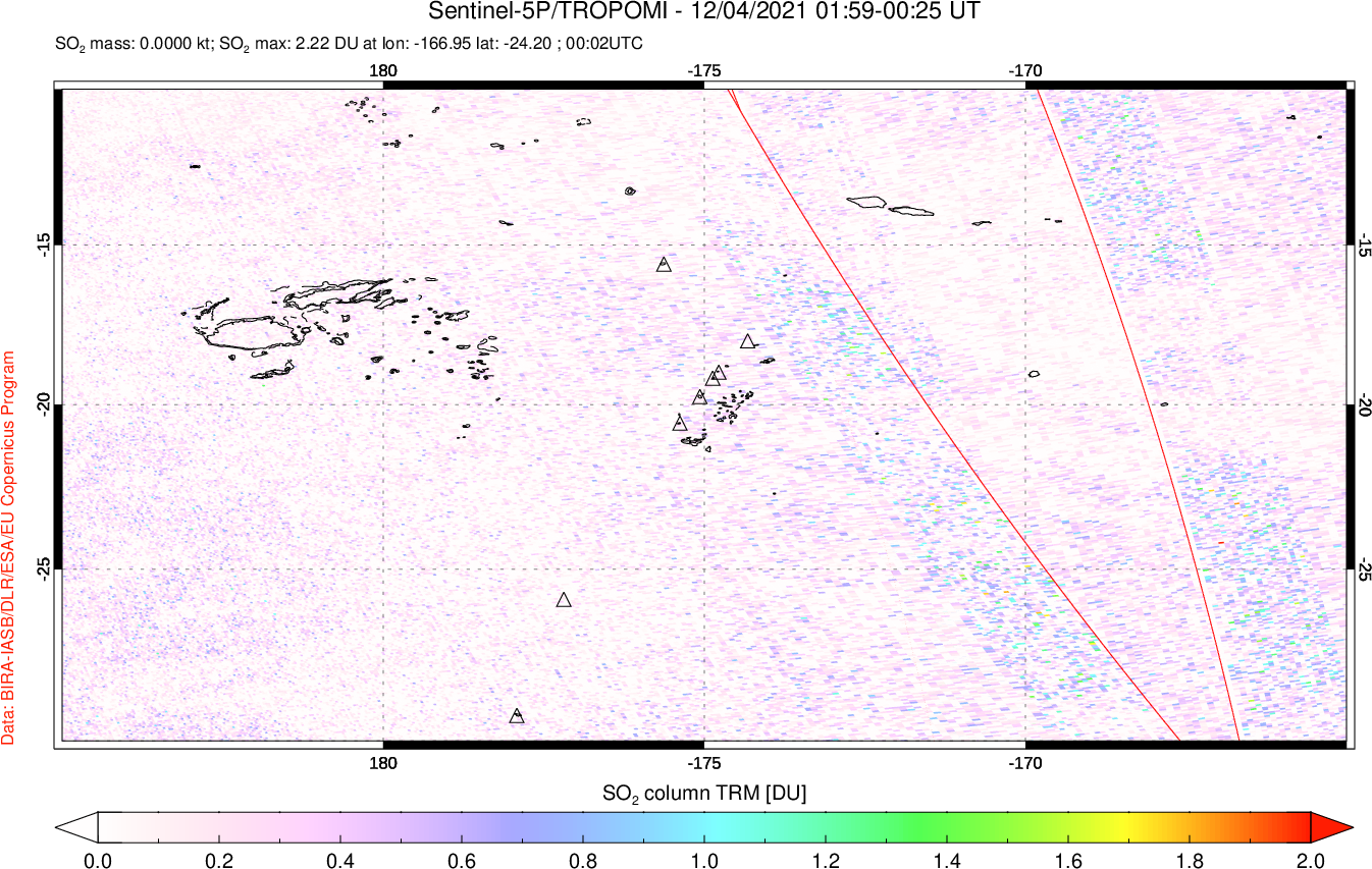 A sulfur dioxide image over Tonga, South Pacific on Dec 04, 2021.