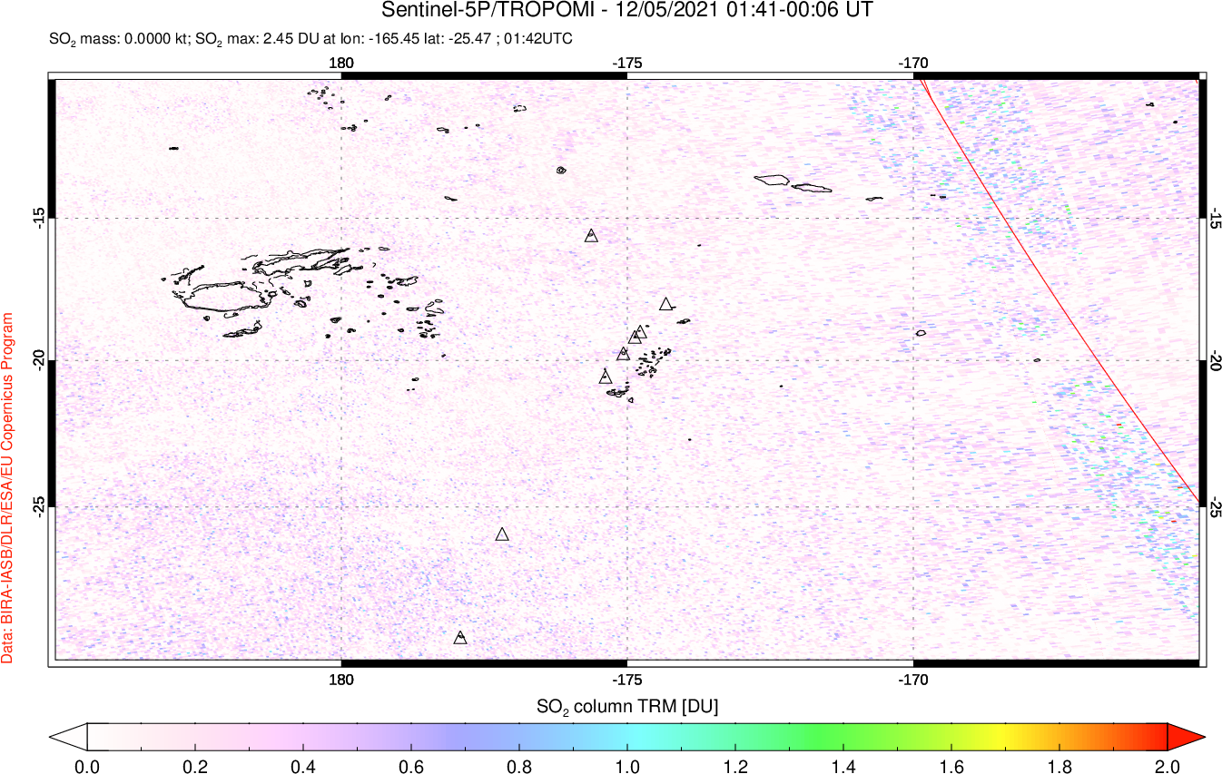 A sulfur dioxide image over Tonga, South Pacific on Dec 05, 2021.