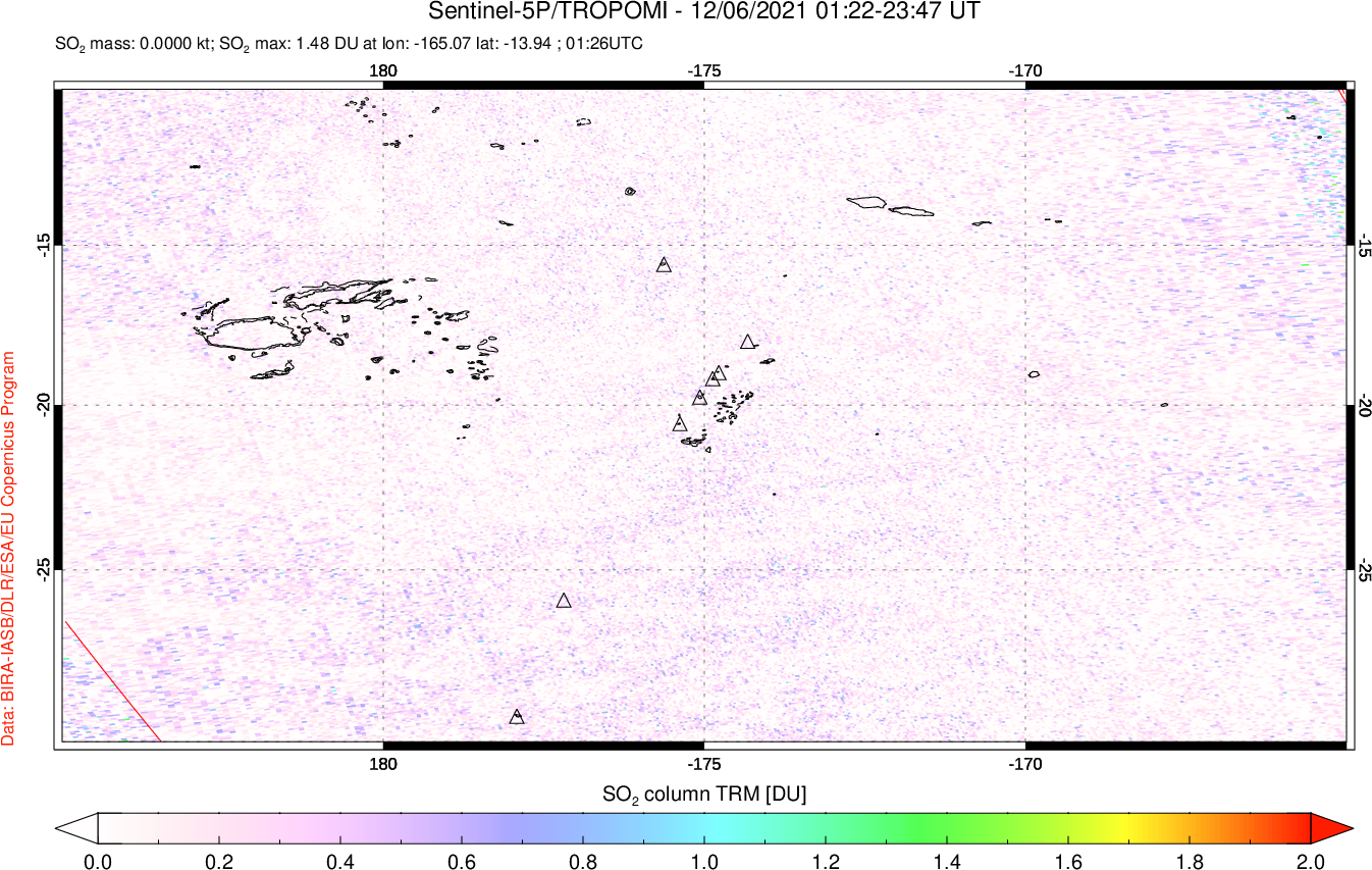 A sulfur dioxide image over Tonga, South Pacific on Dec 06, 2021.
