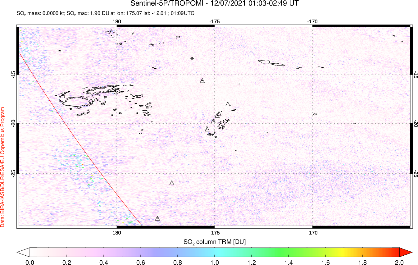 A sulfur dioxide image over Tonga, South Pacific on Dec 07, 2021.