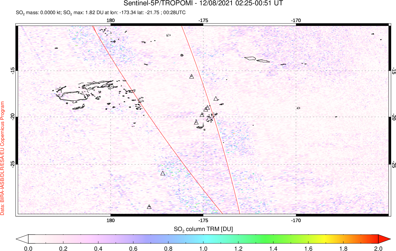 A sulfur dioxide image over Tonga, South Pacific on Dec 08, 2021.