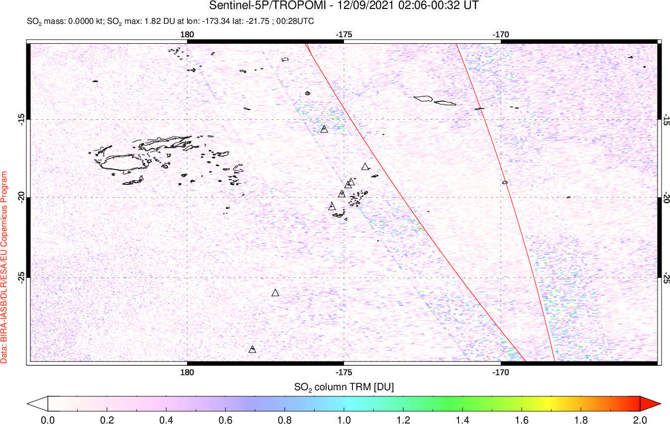 A sulfur dioxide image over Tonga, South Pacific on Dec 09, 2021.