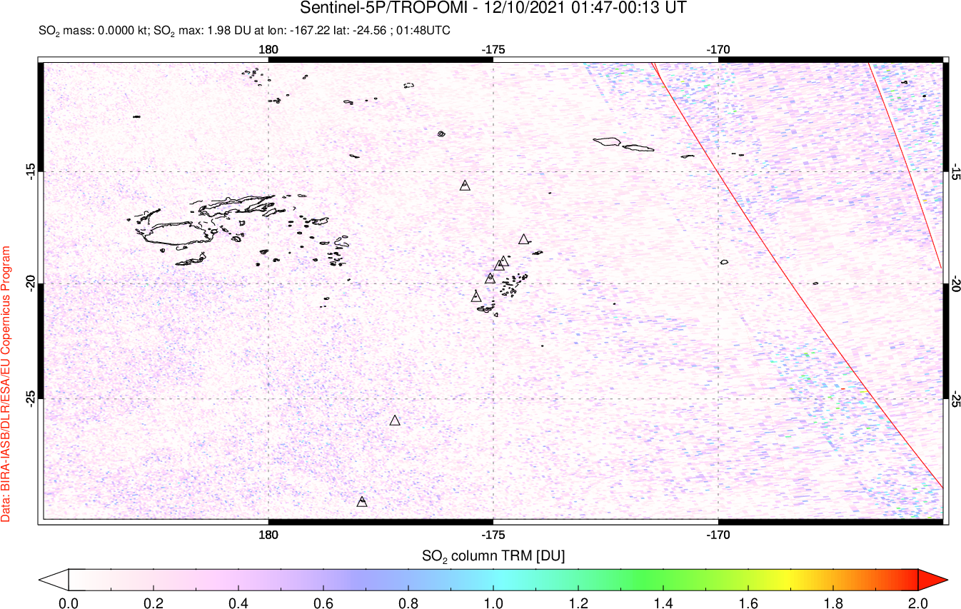A sulfur dioxide image over Tonga, South Pacific on Dec 10, 2021.