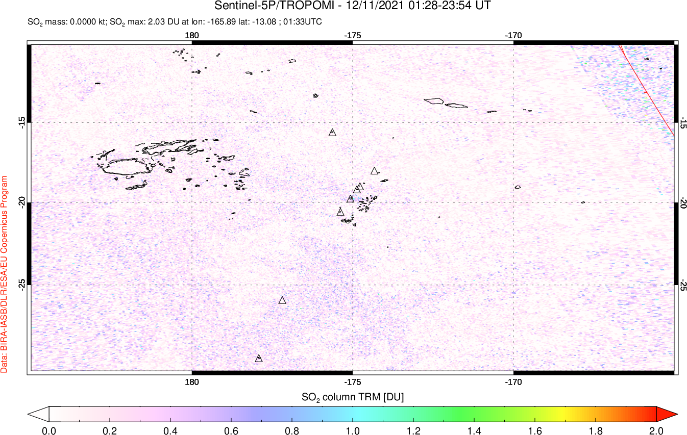 A sulfur dioxide image over Tonga, South Pacific on Dec 11, 2021.