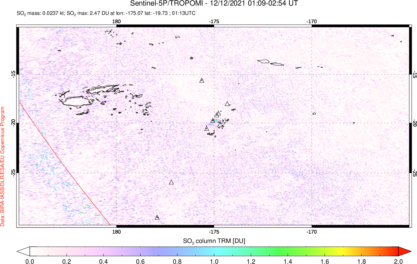 A sulfur dioxide image over Tonga, South Pacific on Dec 12, 2021.