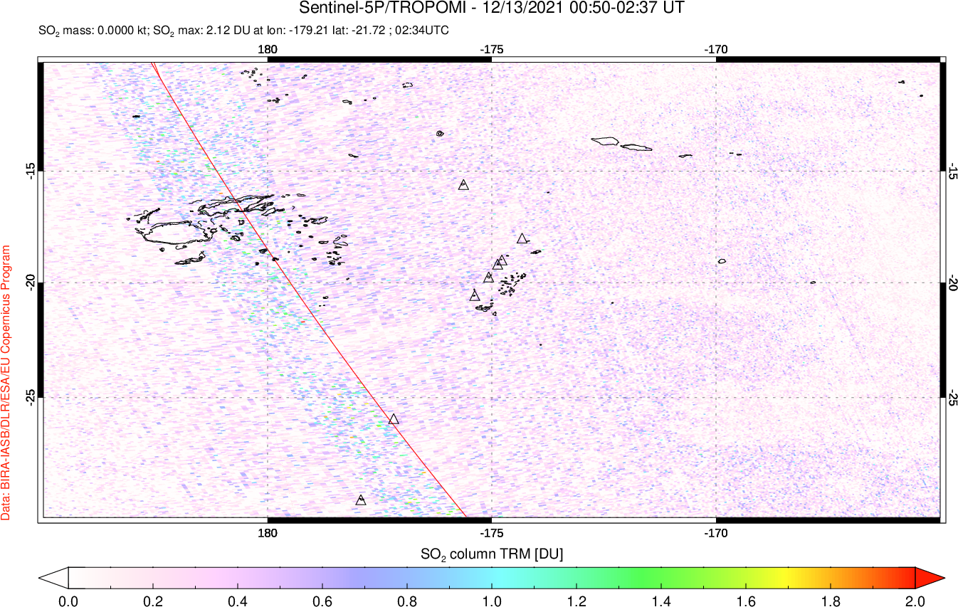 A sulfur dioxide image over Tonga, South Pacific on Dec 13, 2021.