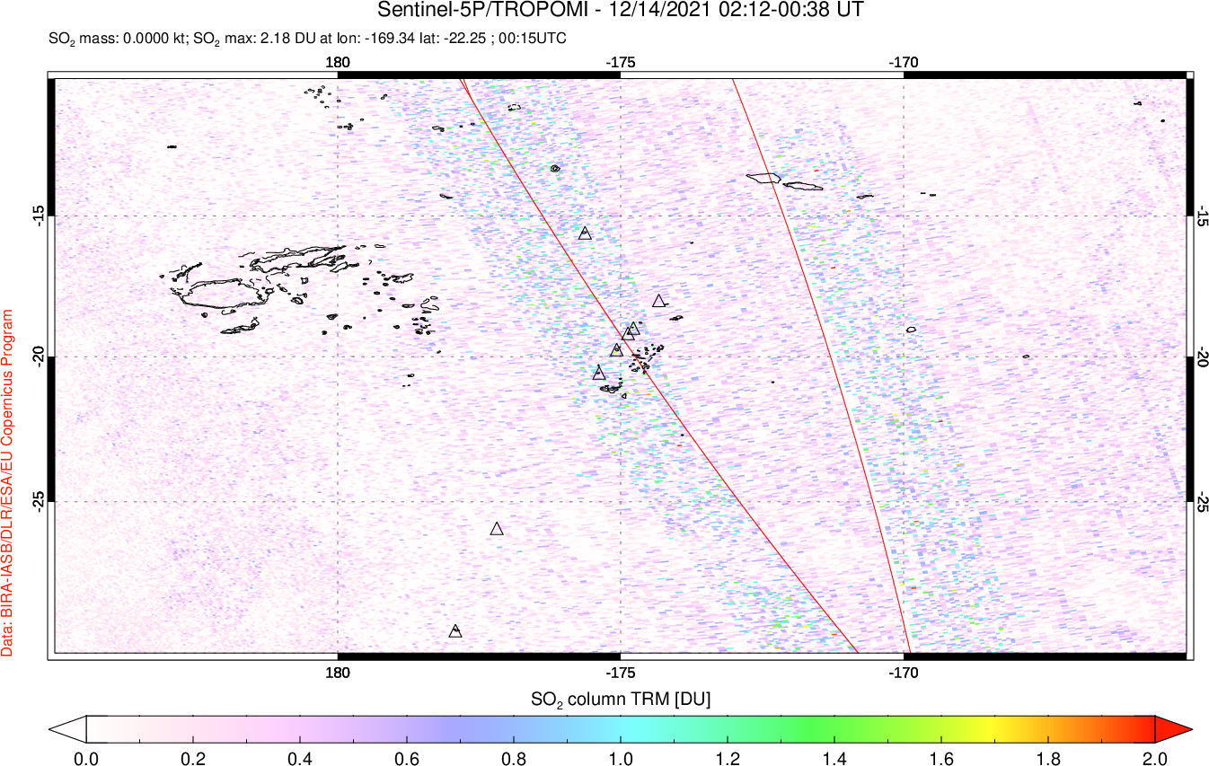 A sulfur dioxide image over Tonga, South Pacific on Dec 14, 2021.