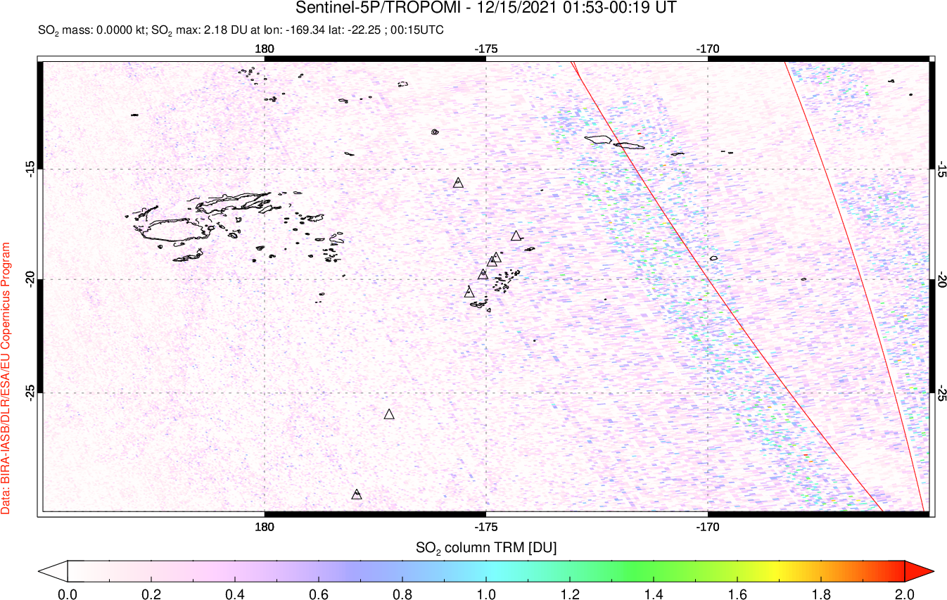 A sulfur dioxide image over Tonga, South Pacific on Dec 15, 2021.
