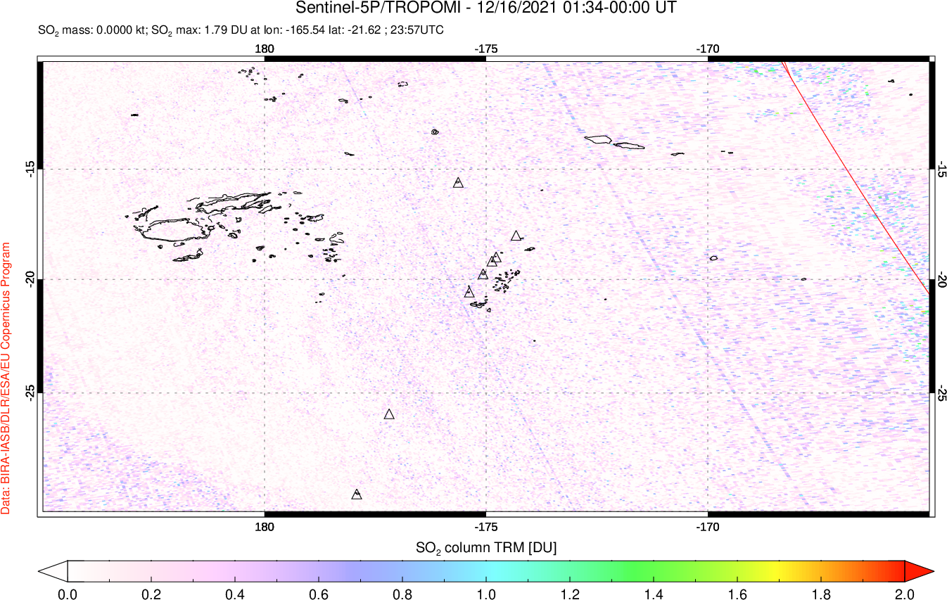 A sulfur dioxide image over Tonga, South Pacific on Dec 16, 2021.