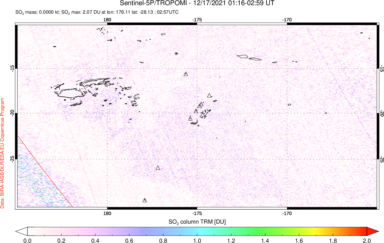 A sulfur dioxide image over Tonga, South Pacific on Dec 17, 2021.