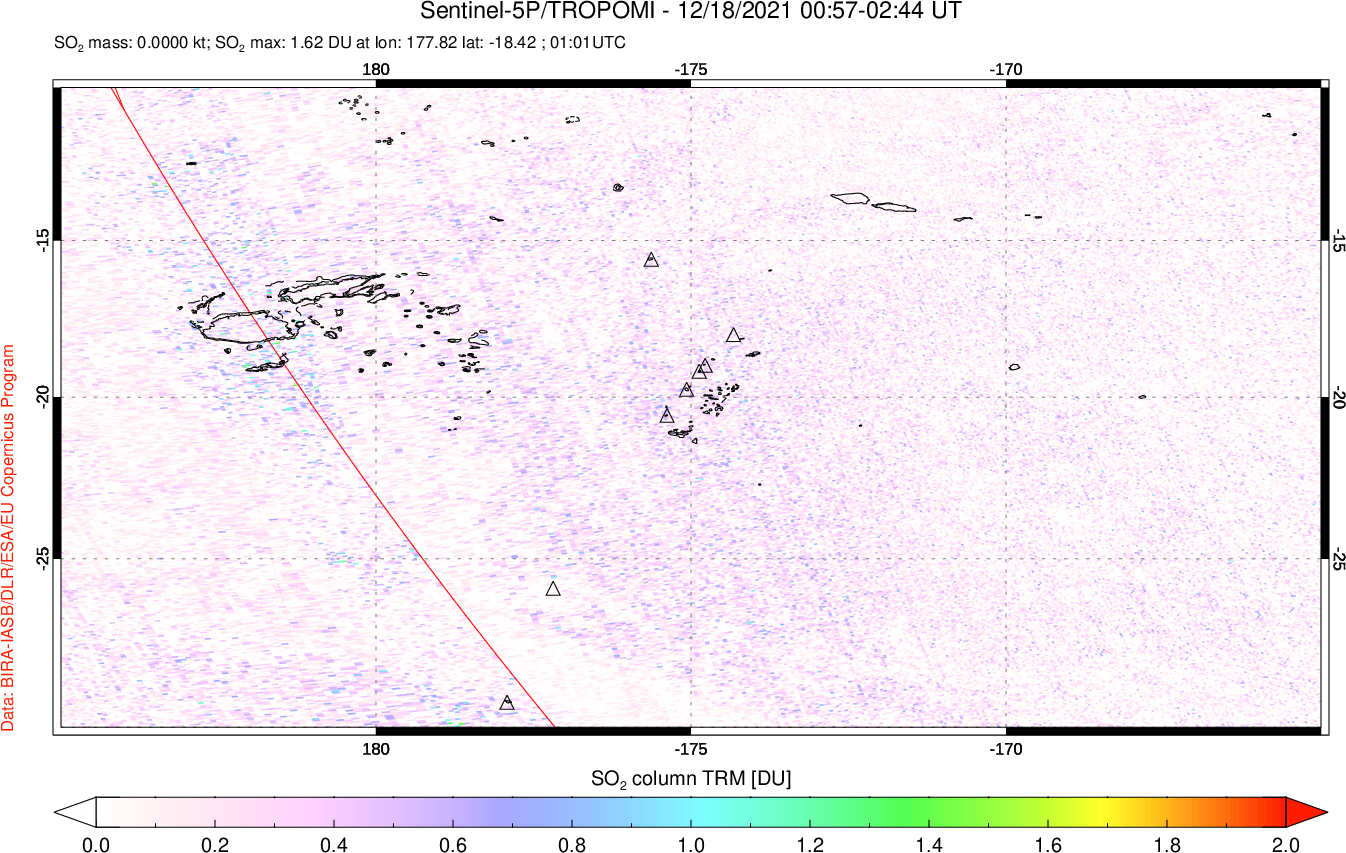 A sulfur dioxide image over Tonga, South Pacific on Dec 18, 2021.