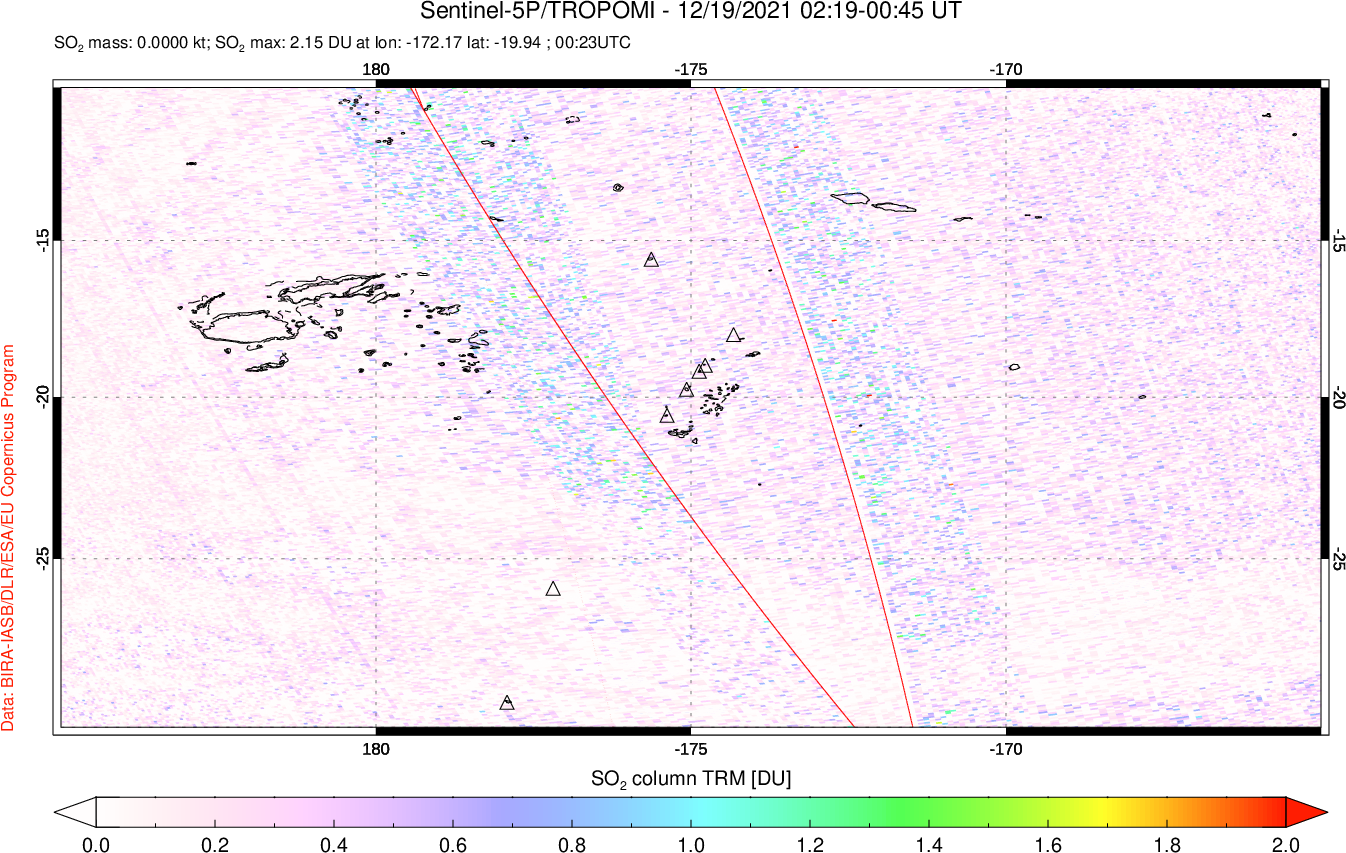 A sulfur dioxide image over Tonga, South Pacific on Dec 19, 2021.