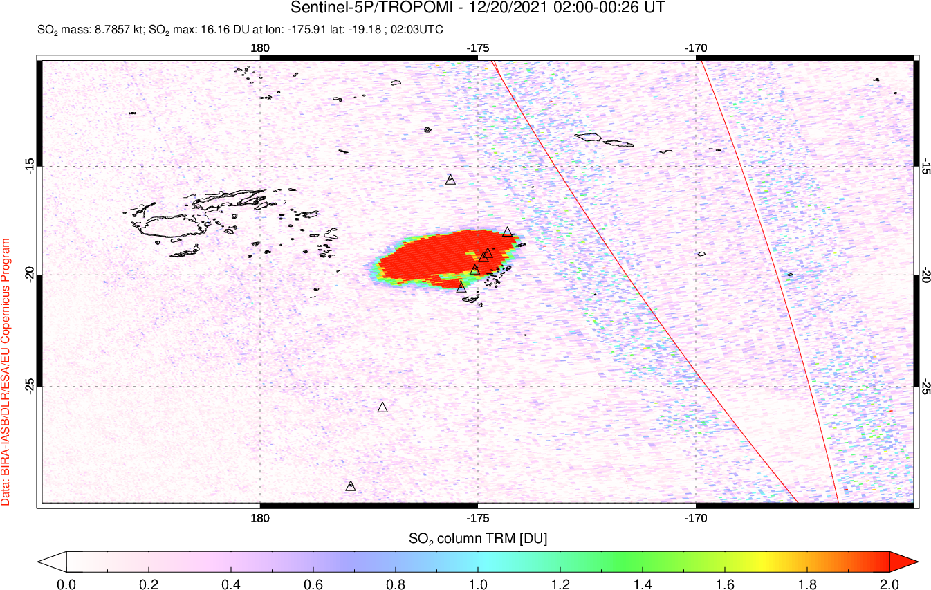 A sulfur dioxide image over Tonga, South Pacific on Dec 20, 2021.