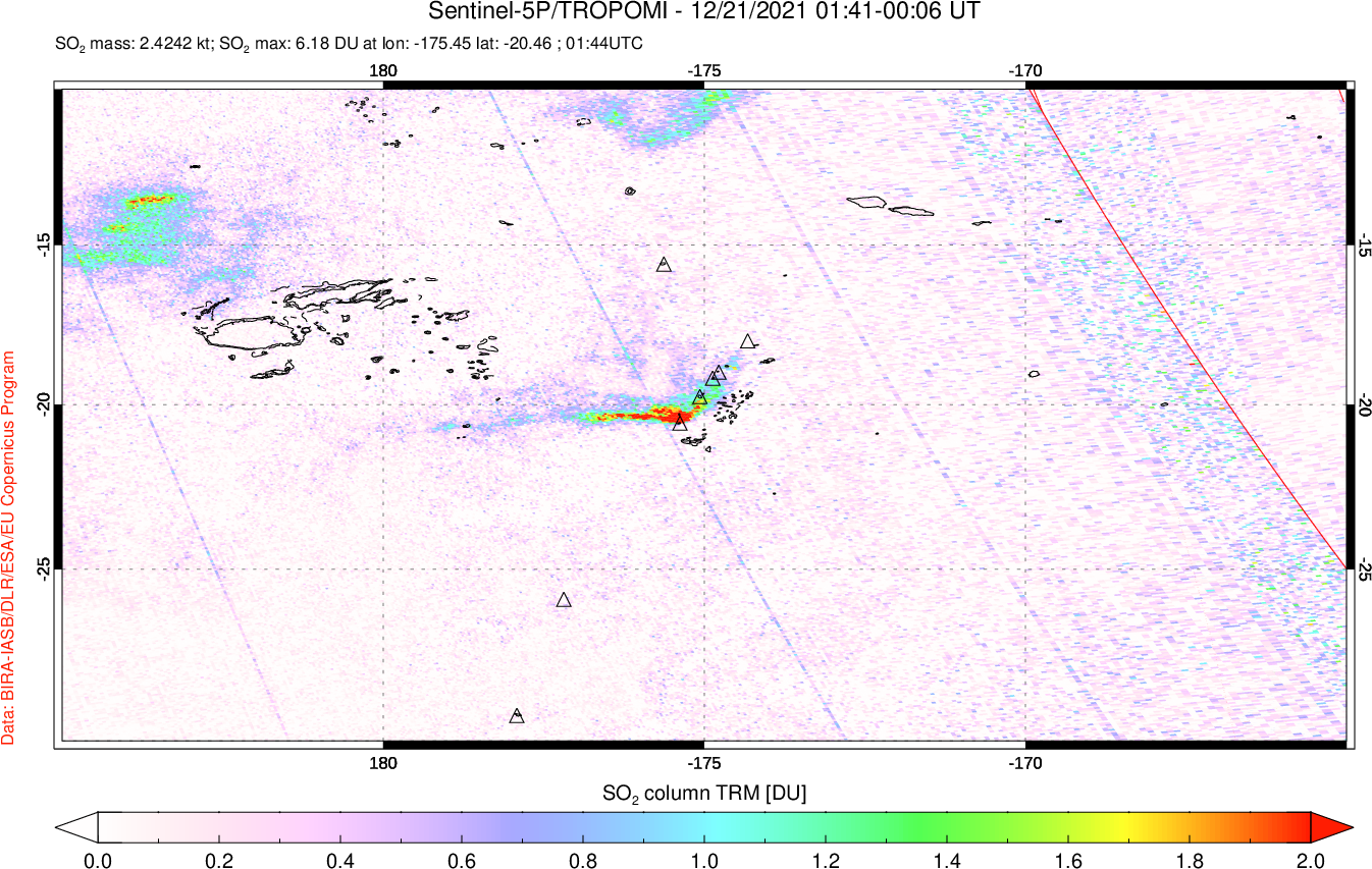 A sulfur dioxide image over Tonga, South Pacific on Dec 21, 2021.