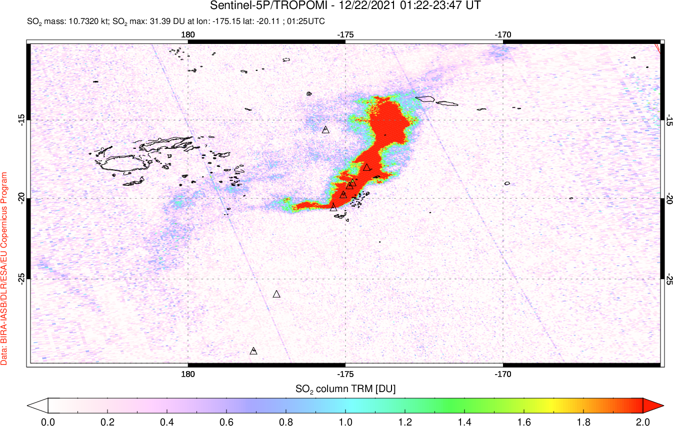 A sulfur dioxide image over Tonga, South Pacific on Dec 22, 2021.