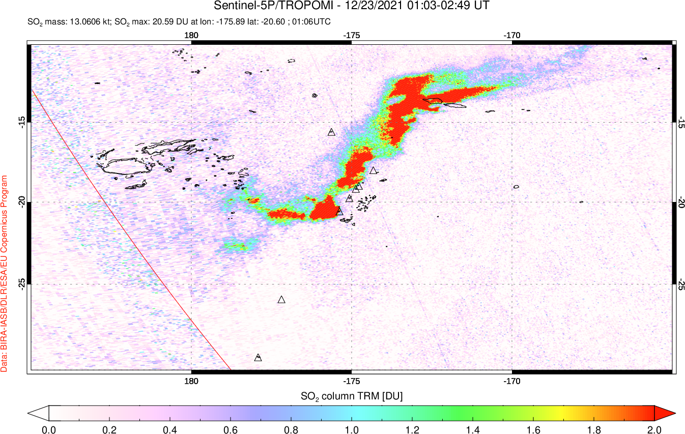 A sulfur dioxide image over Tonga, South Pacific on Dec 23, 2021.