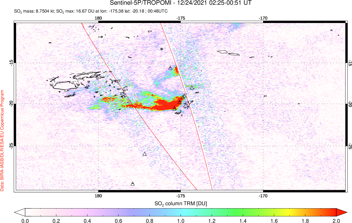 A sulfur dioxide image over Tonga, South Pacific on Dec 24, 2021.