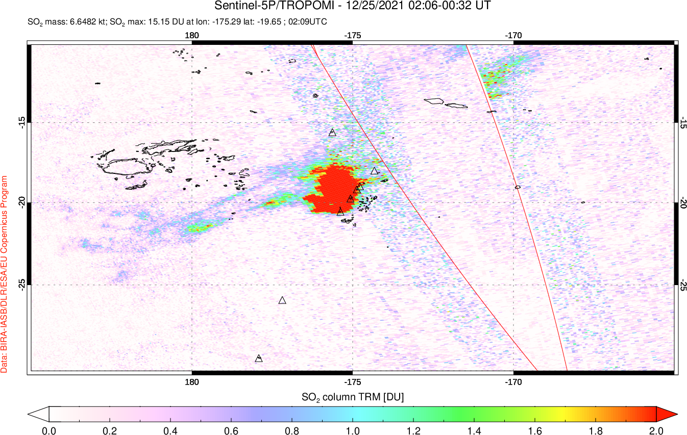A sulfur dioxide image over Tonga, South Pacific on Dec 25, 2021.