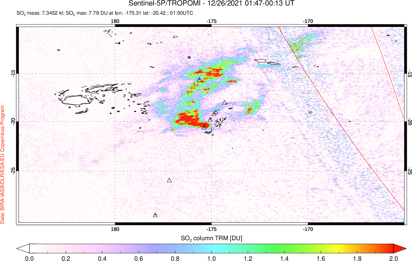 A sulfur dioxide image over Tonga, South Pacific on Dec 26, 2021.