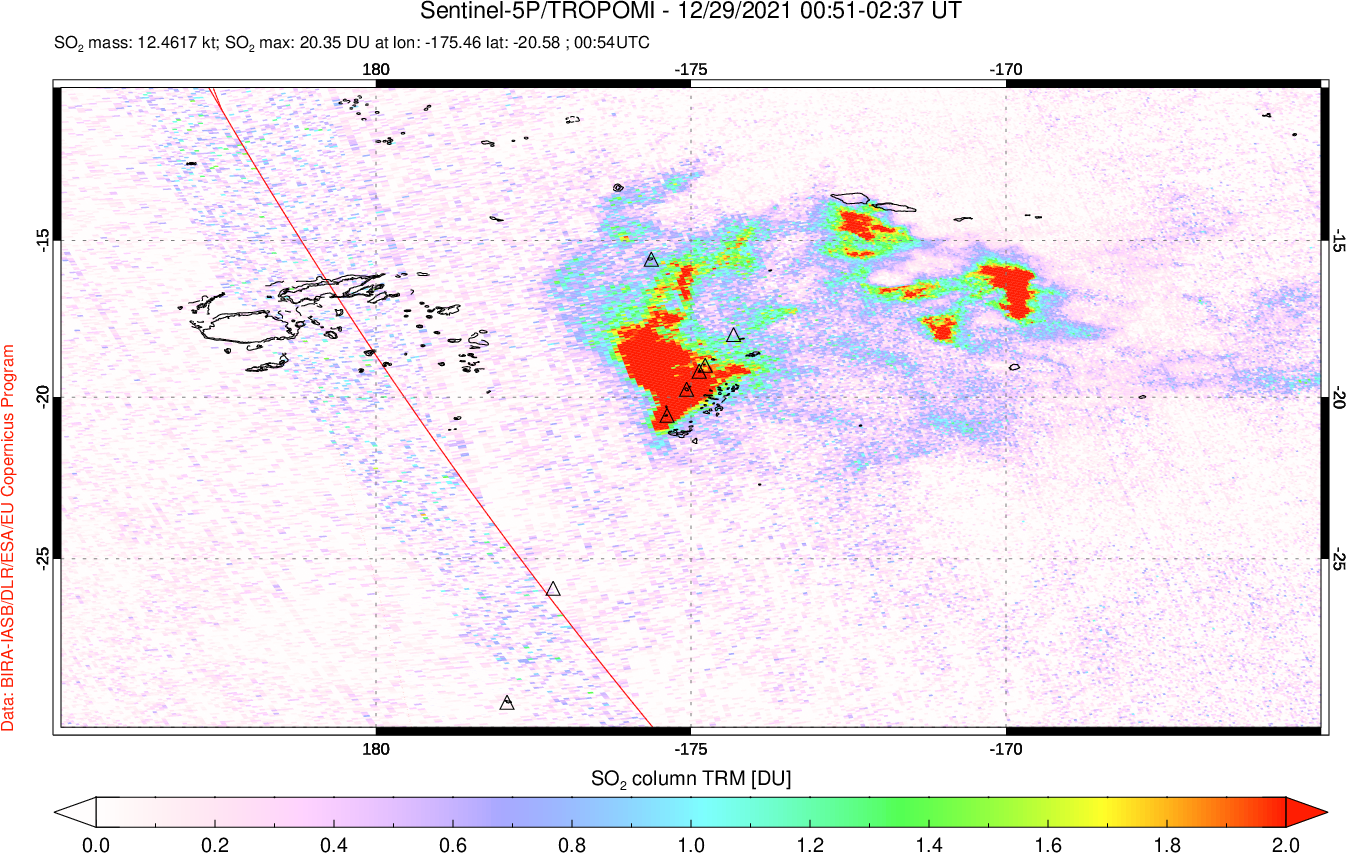 A sulfur dioxide image over Tonga, South Pacific on Dec 29, 2021.