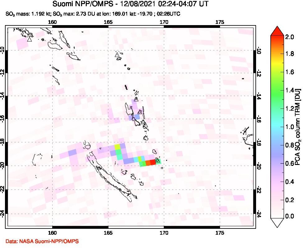 A sulfur dioxide image over Vanuatu, South Pacific on Dec 08, 2021.