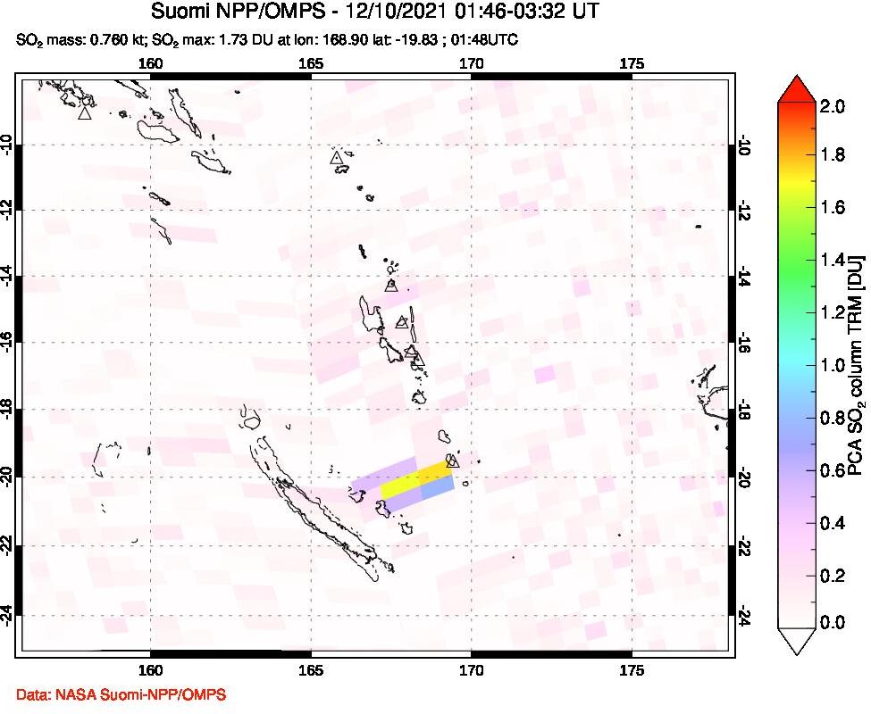 A sulfur dioxide image over Vanuatu, South Pacific on Dec 10, 2021.