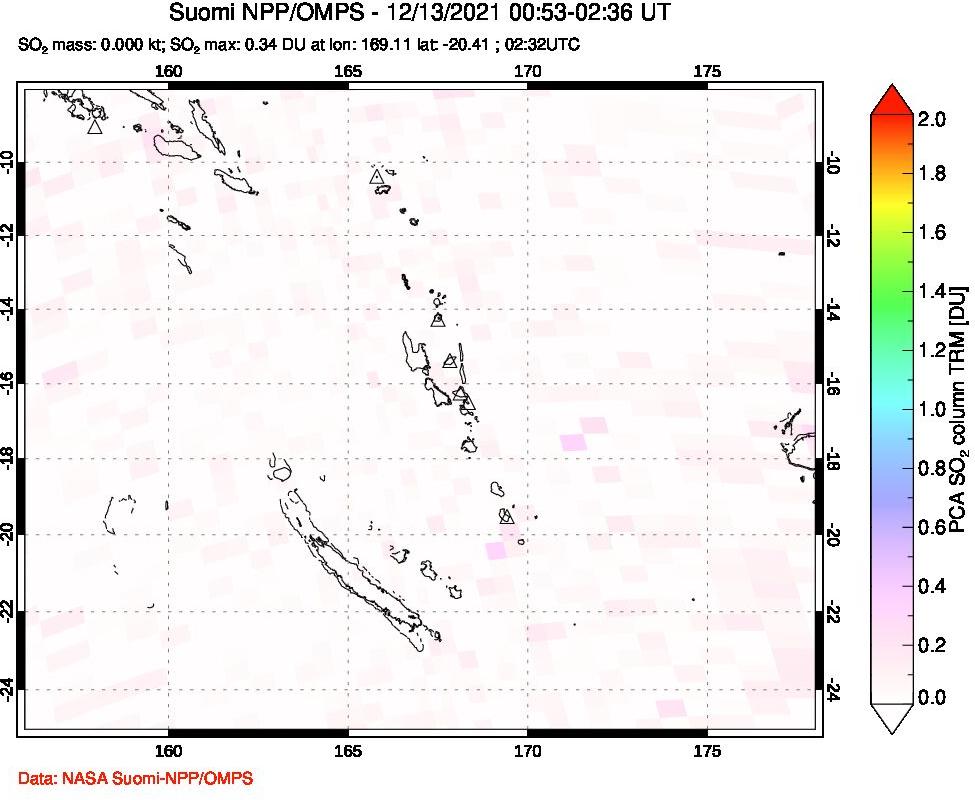 A sulfur dioxide image over Vanuatu, South Pacific on Dec 13, 2021.