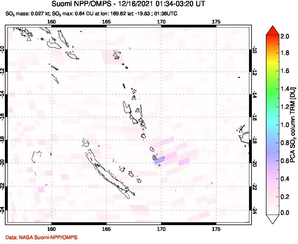 A sulfur dioxide image over Vanuatu, South Pacific on Dec 16, 2021.