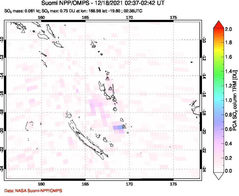 A sulfur dioxide image over Vanuatu, South Pacific on Dec 18, 2021.