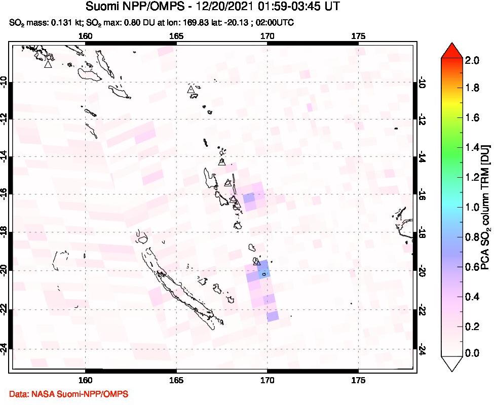 A sulfur dioxide image over Vanuatu, South Pacific on Dec 20, 2021.