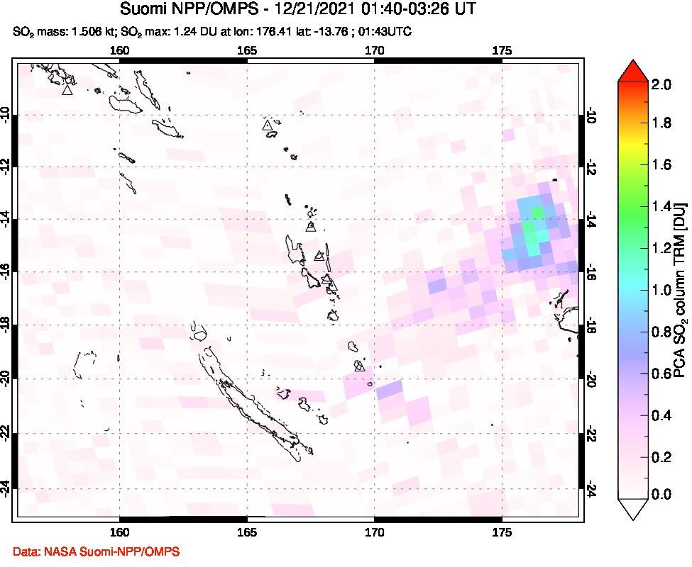 A sulfur dioxide image over Vanuatu, South Pacific on Dec 21, 2021.