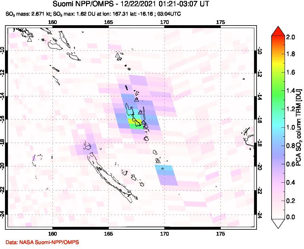 A sulfur dioxide image over Vanuatu, South Pacific on Dec 22, 2021.