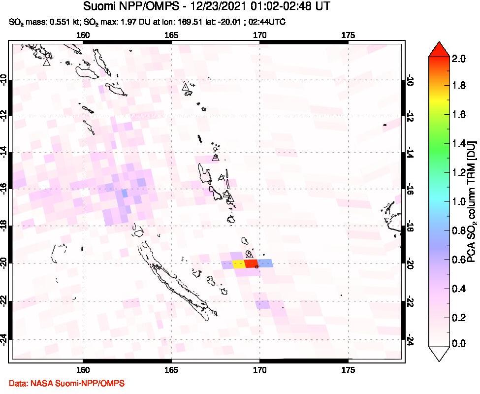 A sulfur dioxide image over Vanuatu, South Pacific on Dec 23, 2021.