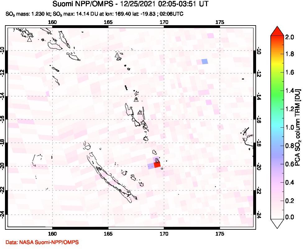 A sulfur dioxide image over Vanuatu, South Pacific on Dec 25, 2021.