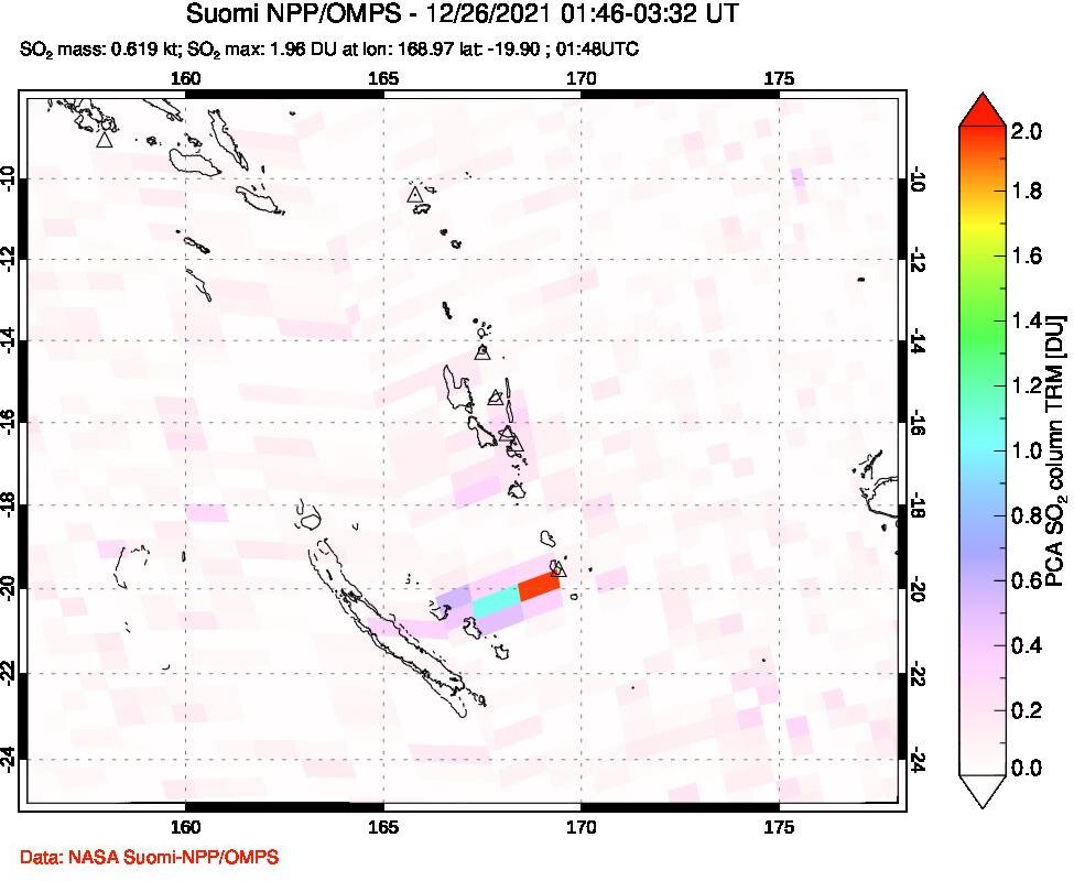 A sulfur dioxide image over Vanuatu, South Pacific on Dec 26, 2021.