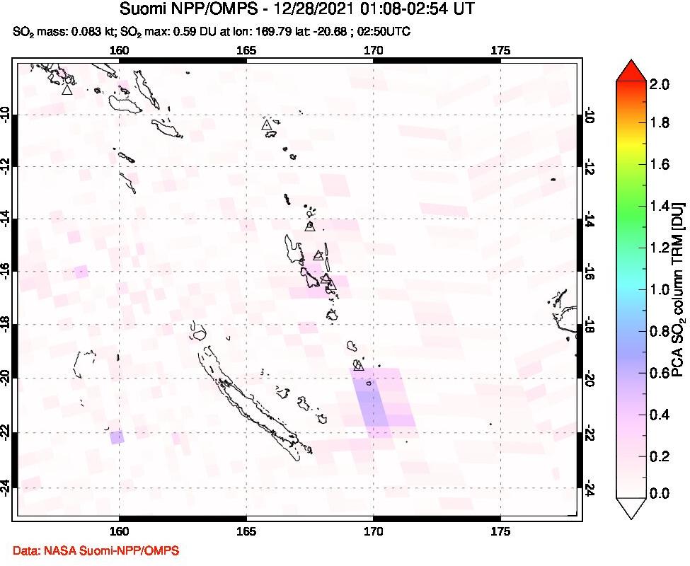 A sulfur dioxide image over Vanuatu, South Pacific on Dec 28, 2021.