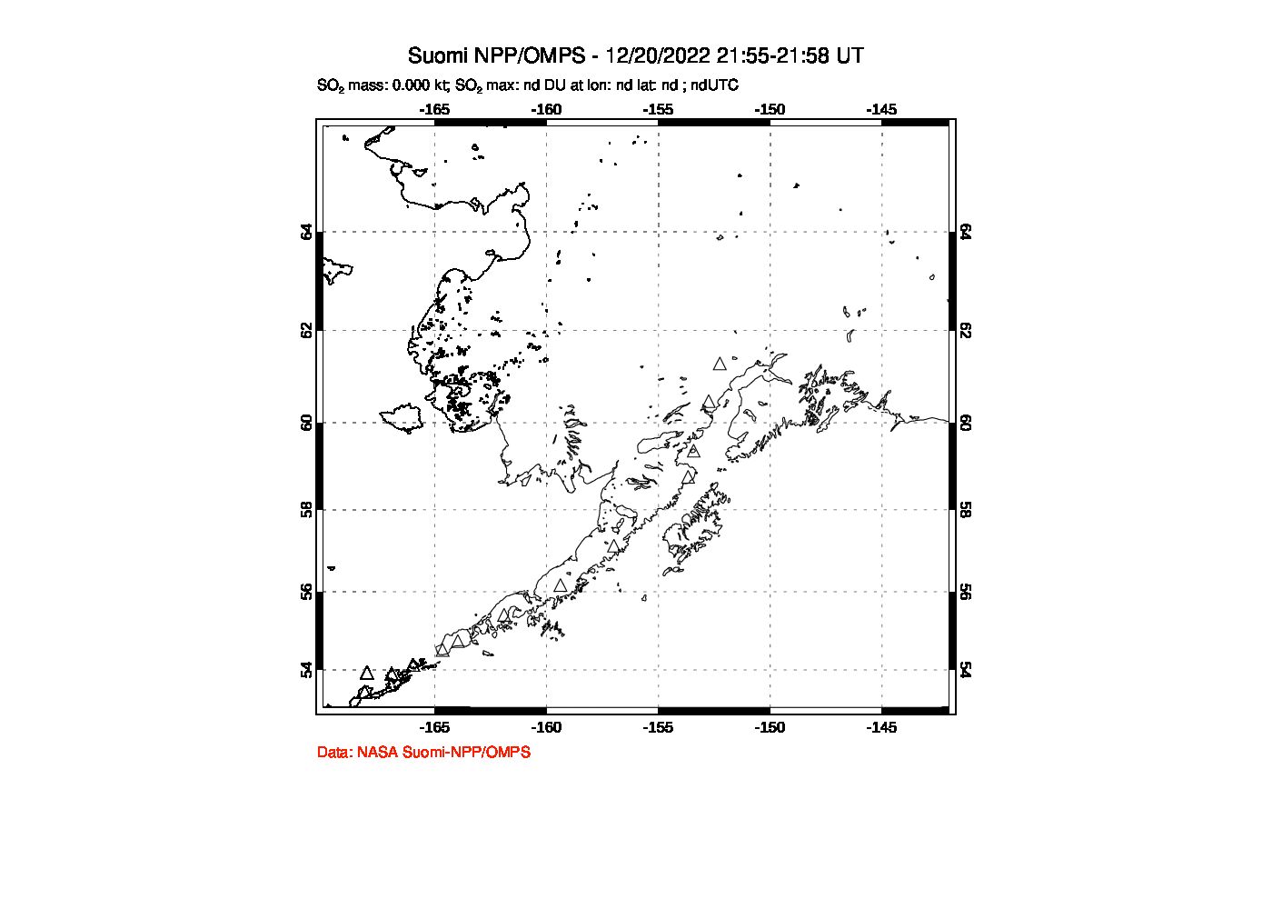 A sulfur dioxide image over Alaska, USA on Dec 20, 2022.