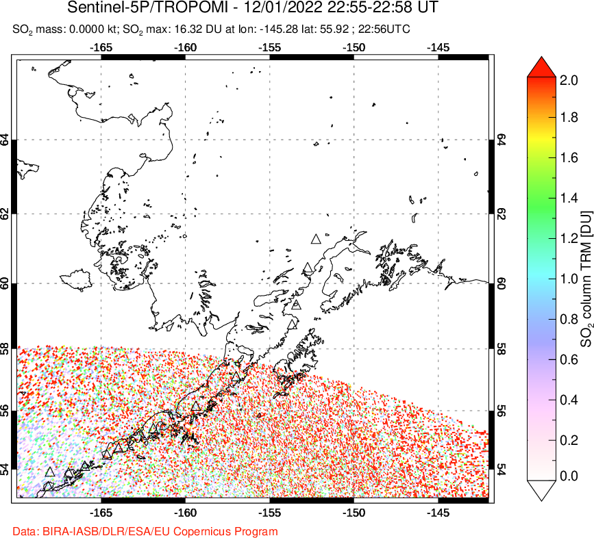A sulfur dioxide image over Alaska, USA on Dec 01, 2022.