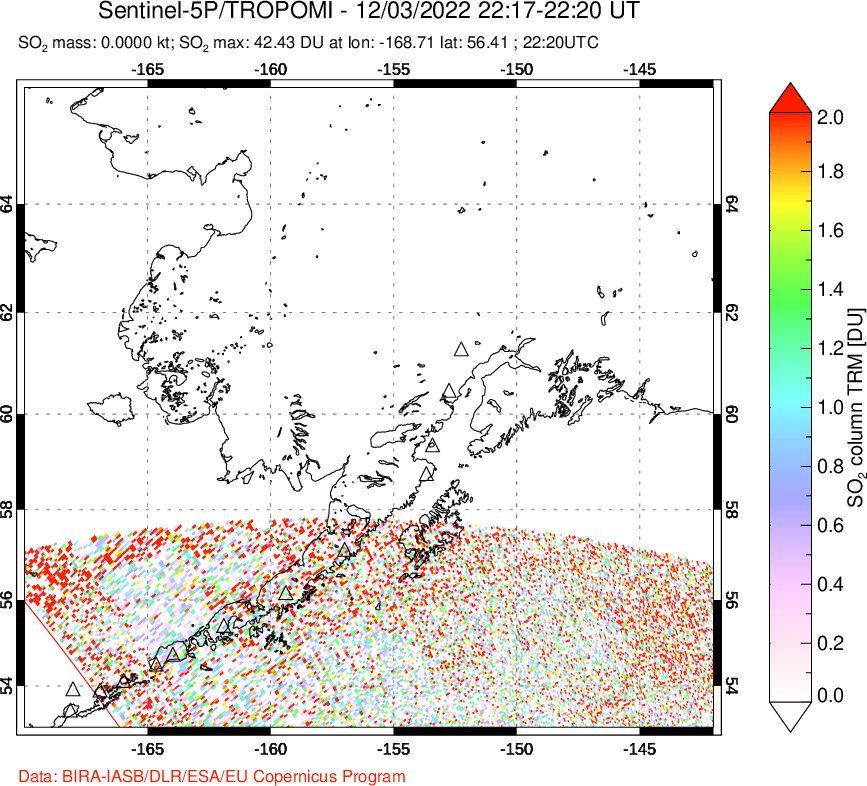 A sulfur dioxide image over Alaska, USA on Dec 03, 2022.