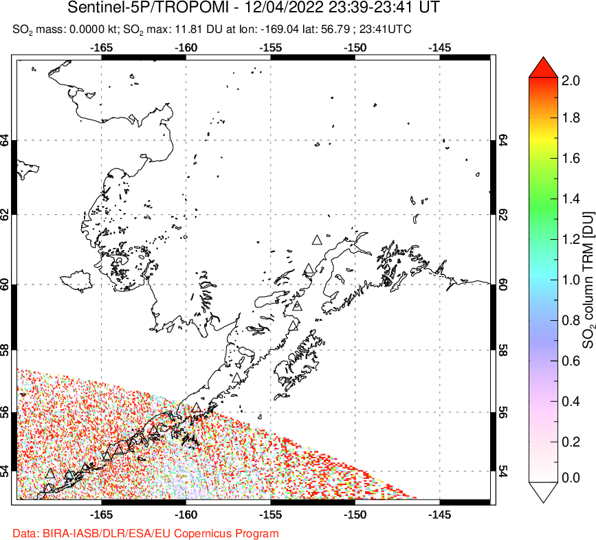 A sulfur dioxide image over Alaska, USA on Dec 04, 2022.