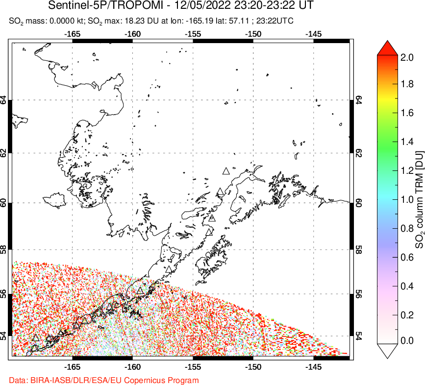 A sulfur dioxide image over Alaska, USA on Dec 05, 2022.
