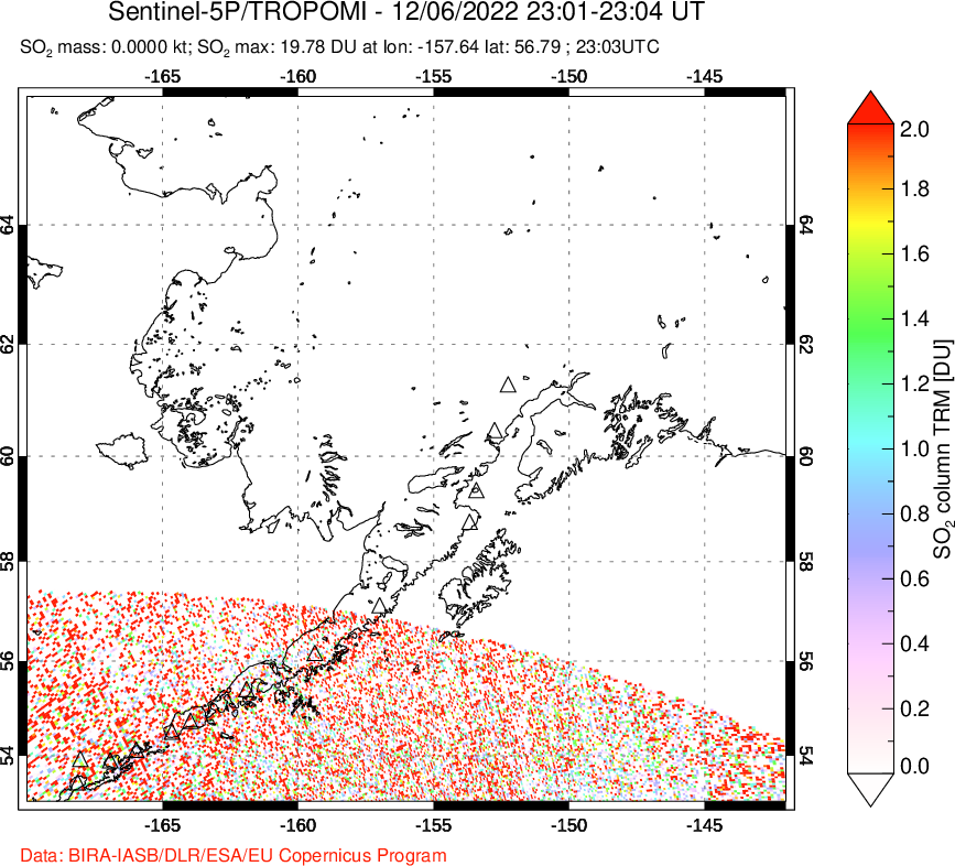 A sulfur dioxide image over Alaska, USA on Dec 06, 2022.