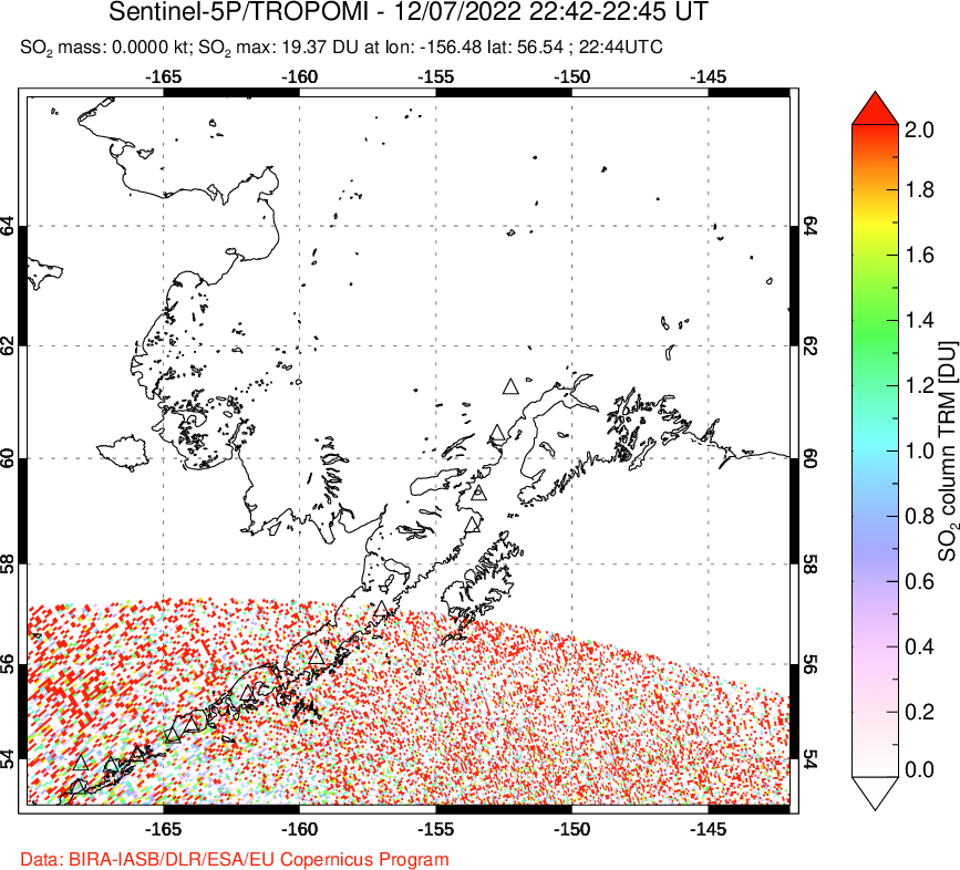 A sulfur dioxide image over Alaska, USA on Dec 07, 2022.